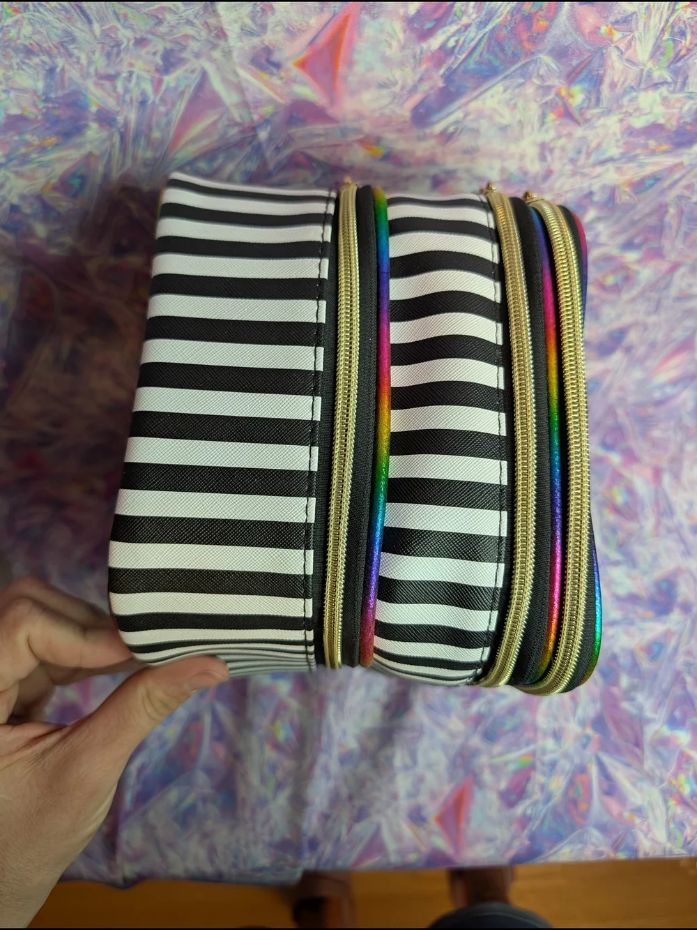 Underonesky Striped 3 Zipper Cosmetic Make Up Case with Rainbow Trim, Used Once